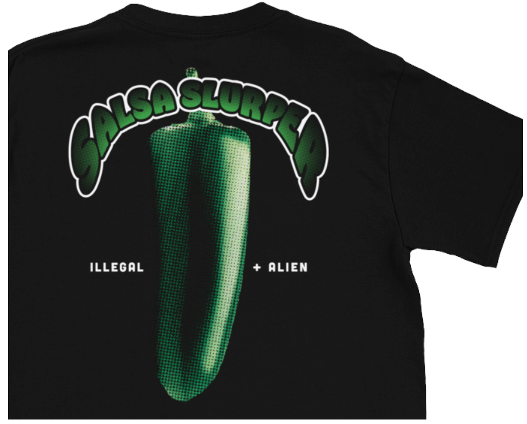 Illegal Alien Salsa Slurper T Shirt Close Up shows Halftone detail