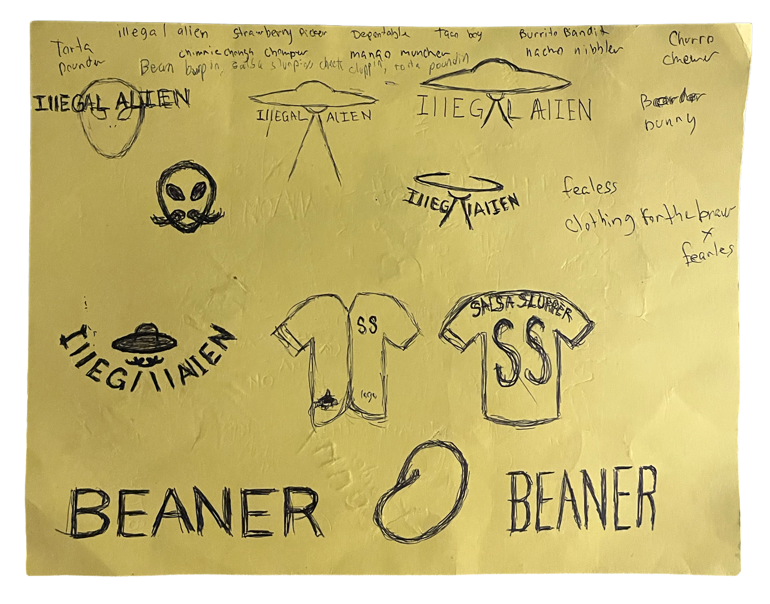 Illegal Alien Sketches on yellow sheet